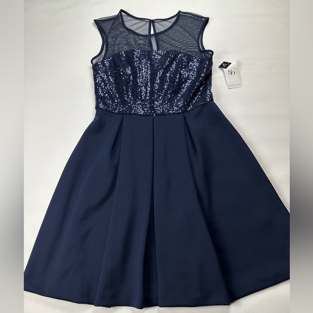 NWT SD Collection dress. Navy blue soft illusion sequin top. Size 10
